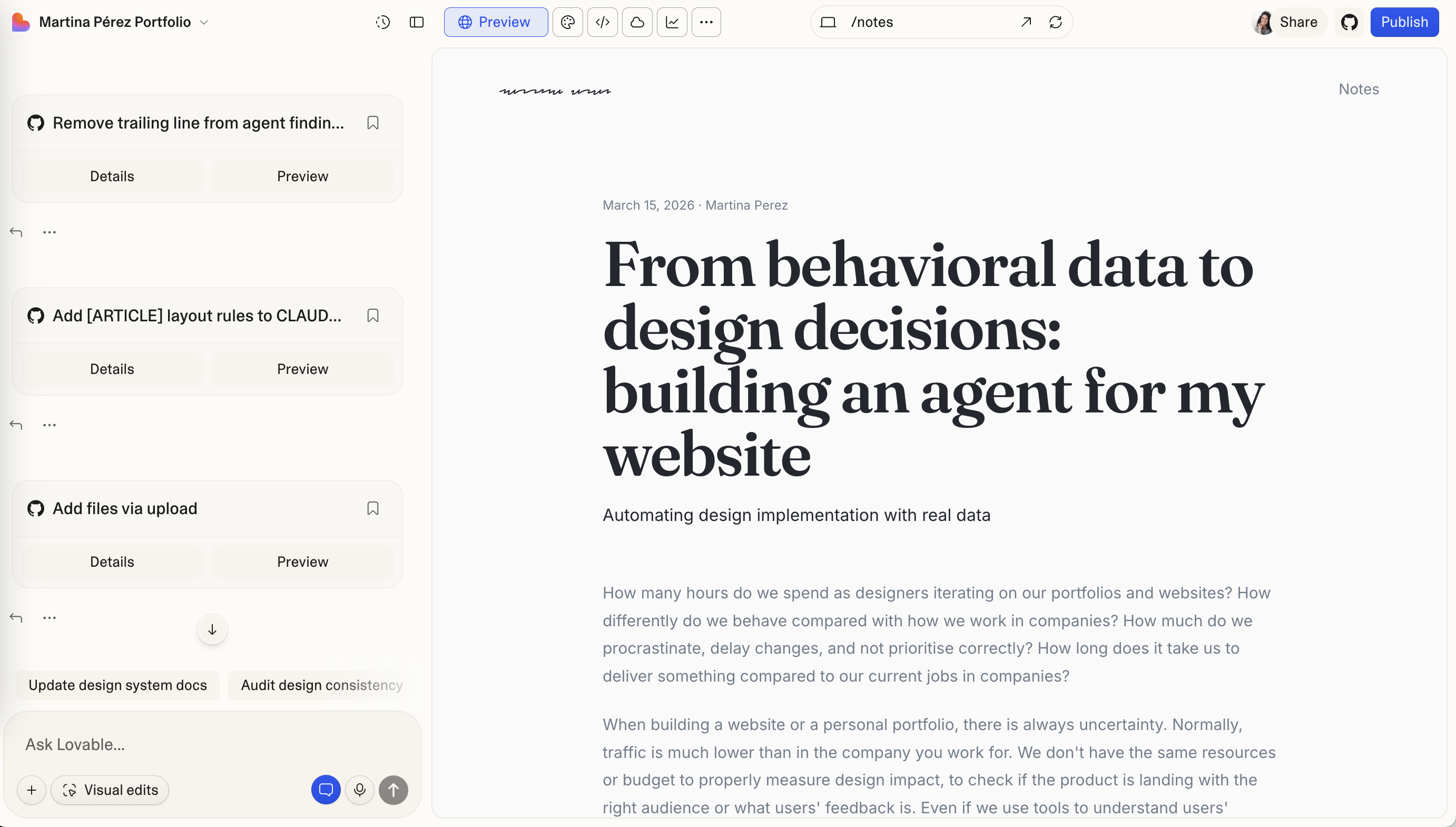 Lovable editor showing the Notes article in preview alongside GitHub commit history