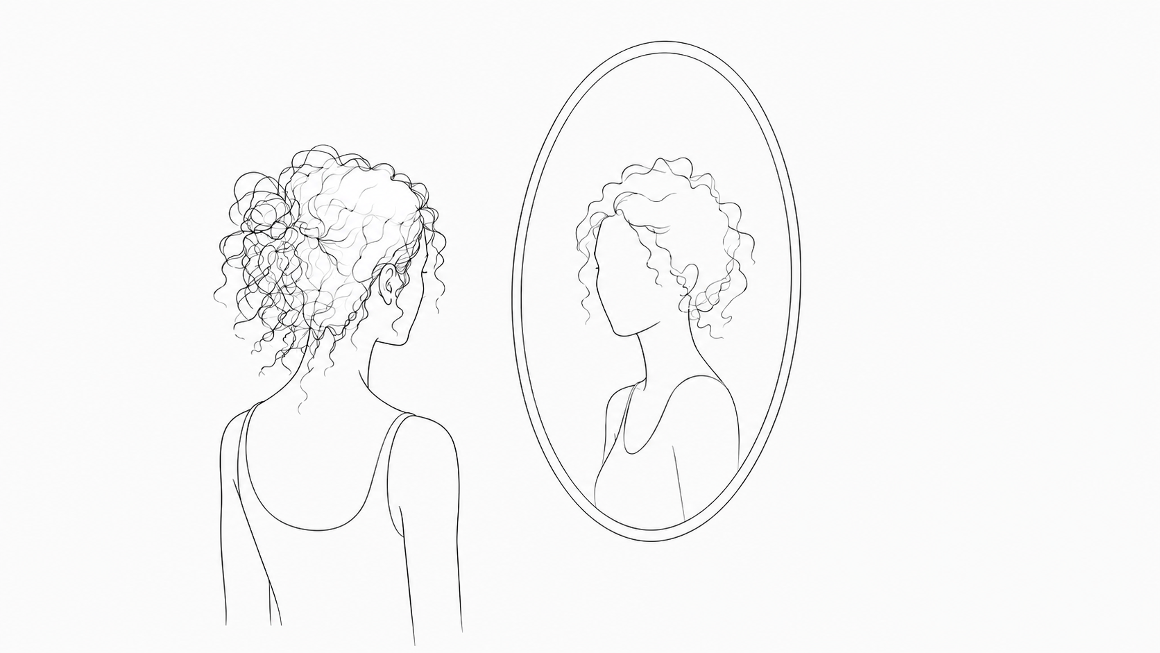 Boceto de tinta de una persona con pelo rizado mirando su reflejo en un espejo ovalado