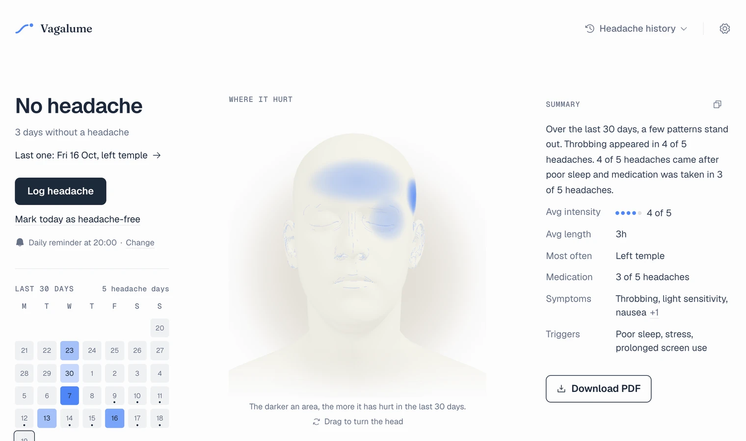 Vagalume today: the state and calendar, the 3D head with where it hurt, and the summary