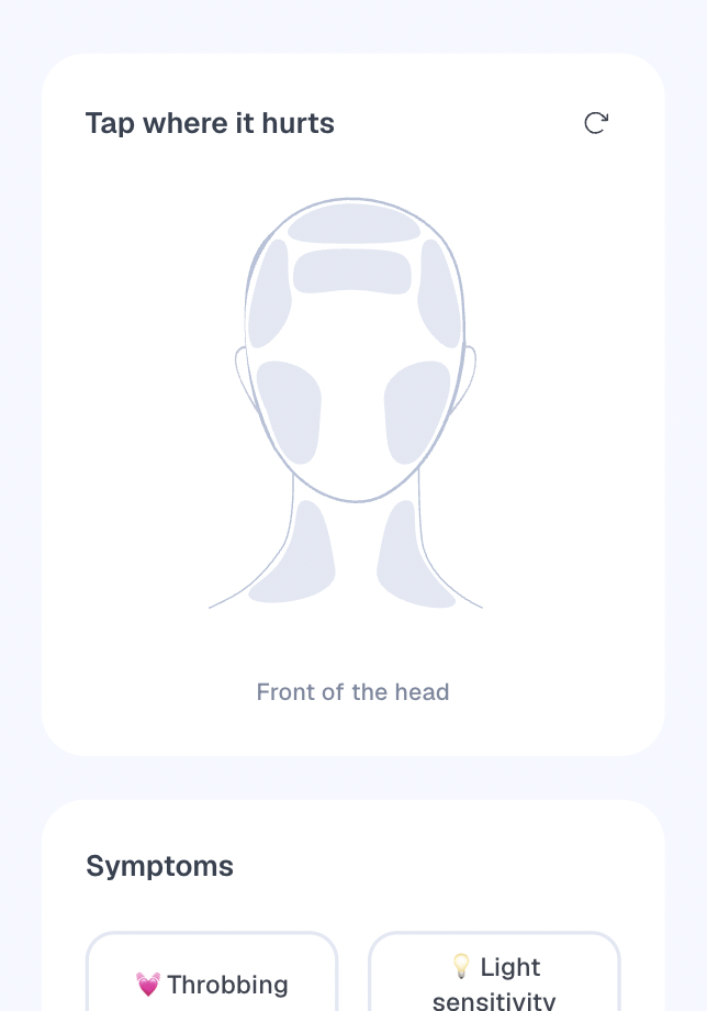 Original 2D prototype — 'Tap where it hurts' pain region selector on the front of the head