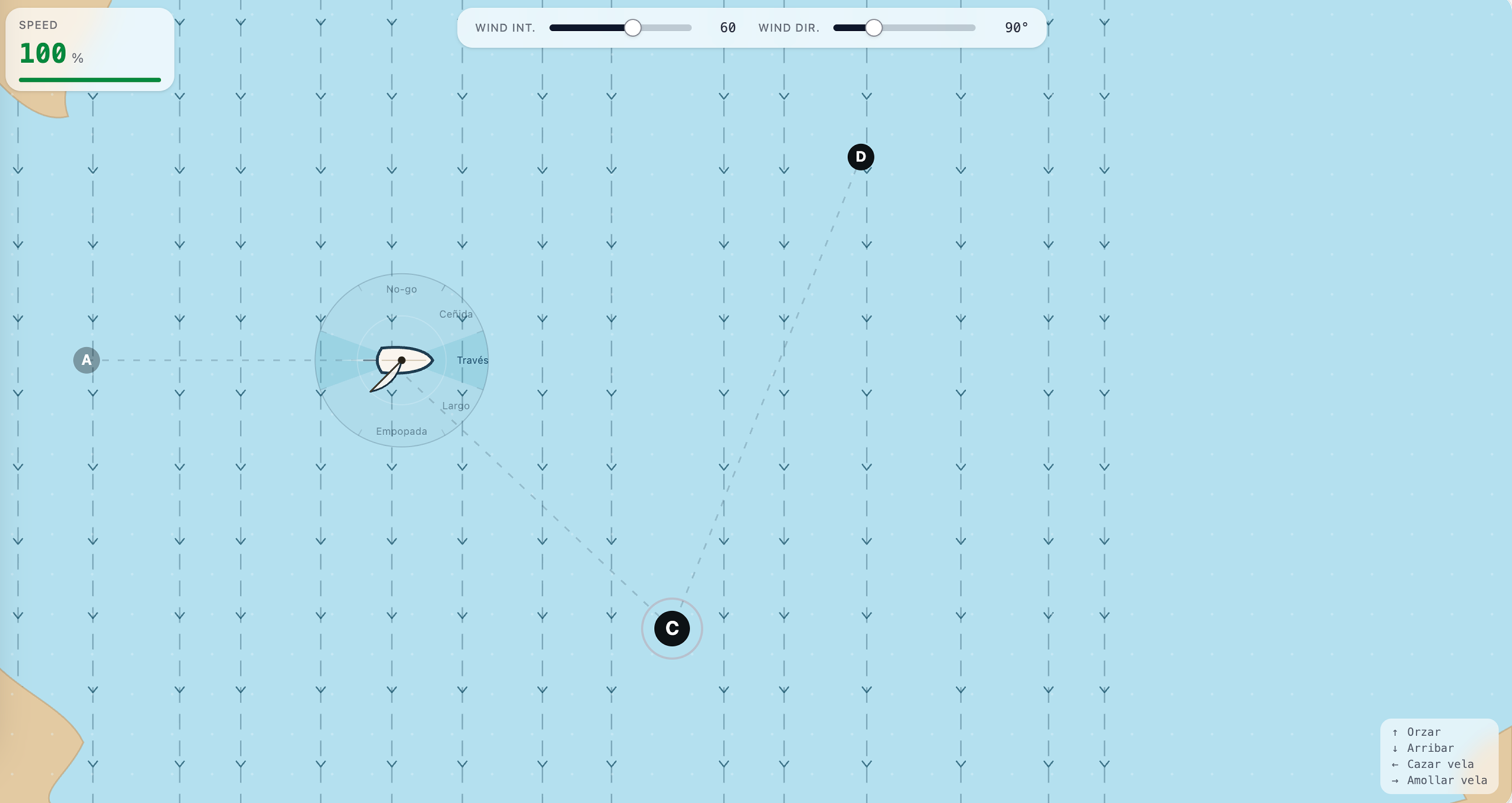 Versión inicial de Sail Away — controles de viento con slider en lugar de brújula
